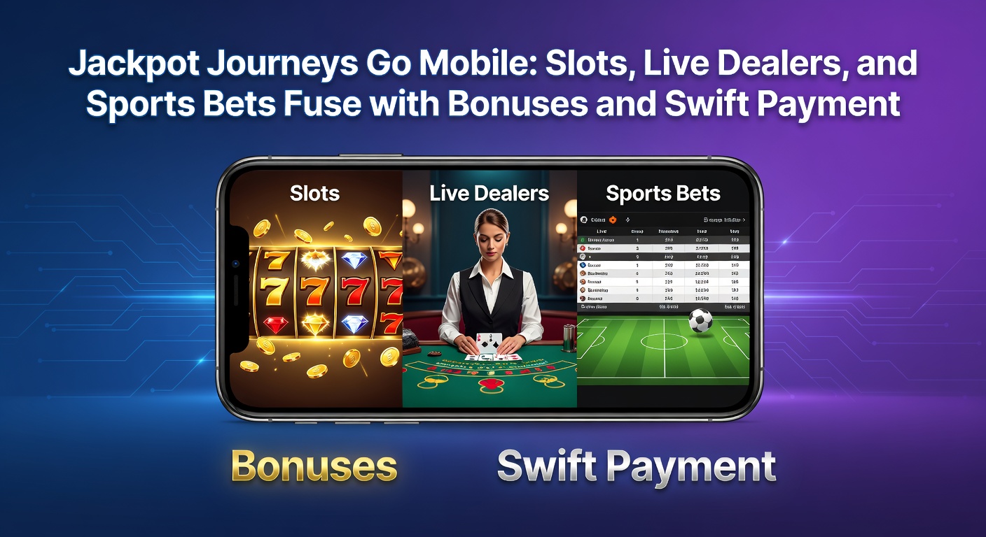 Live-Dealer-Tisch auf Smartphone, daneben Sportwetten-Odds und ein explodierender Slot-Jackpot mit Bonus-Symbolen